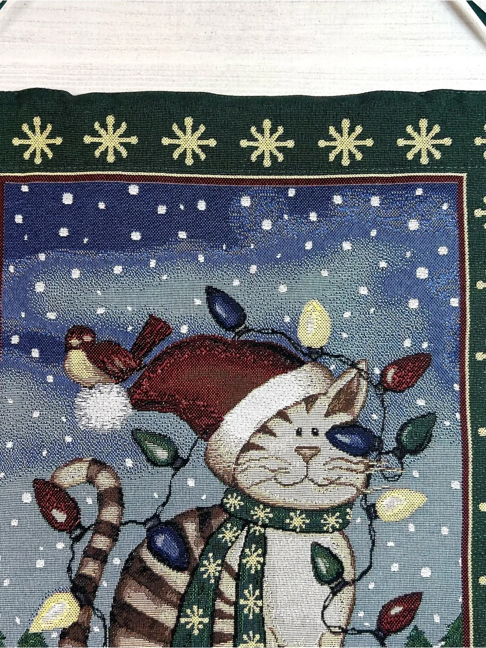 Vintage Cat Christmas Tapestry Wall Hanging Holiday 90s Woven Cottagecore